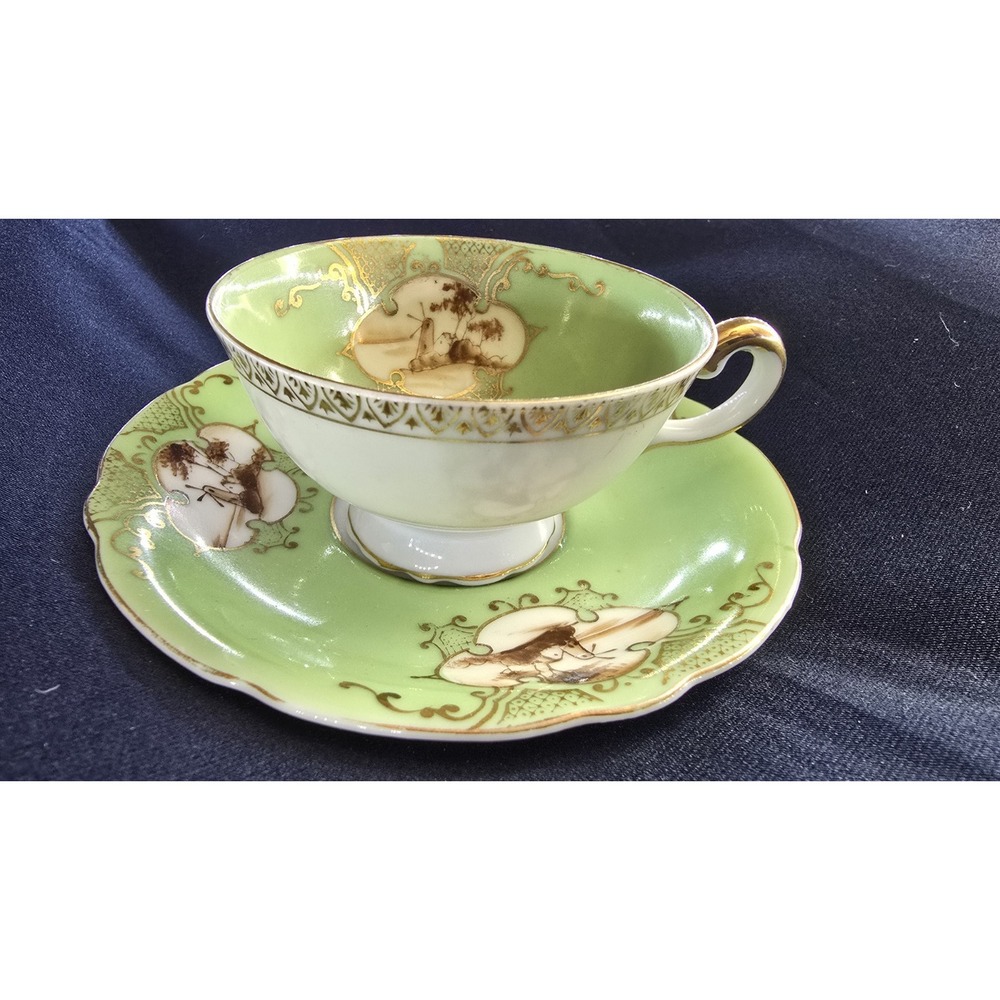 Vintage Ardalt Japan Verithin Tea Cup Saucer Set Green Gold Gilt Windmill 6219P